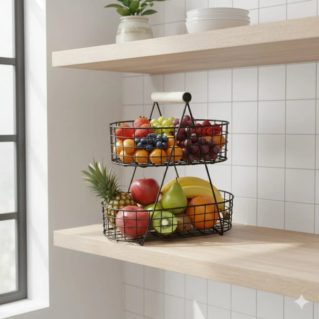 2 Tier Oval Shaped Fruit Basket | Stylish Kitchen Countertop Organizer & Storage Rack