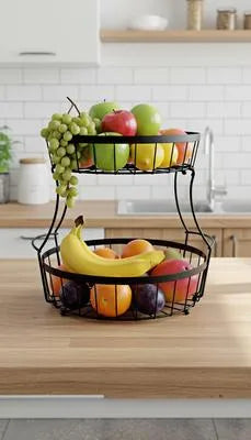2-Tier Black Stainless Steel Fruit Basket Organizer for Kitchen Countertop | Detachable Storage Rack