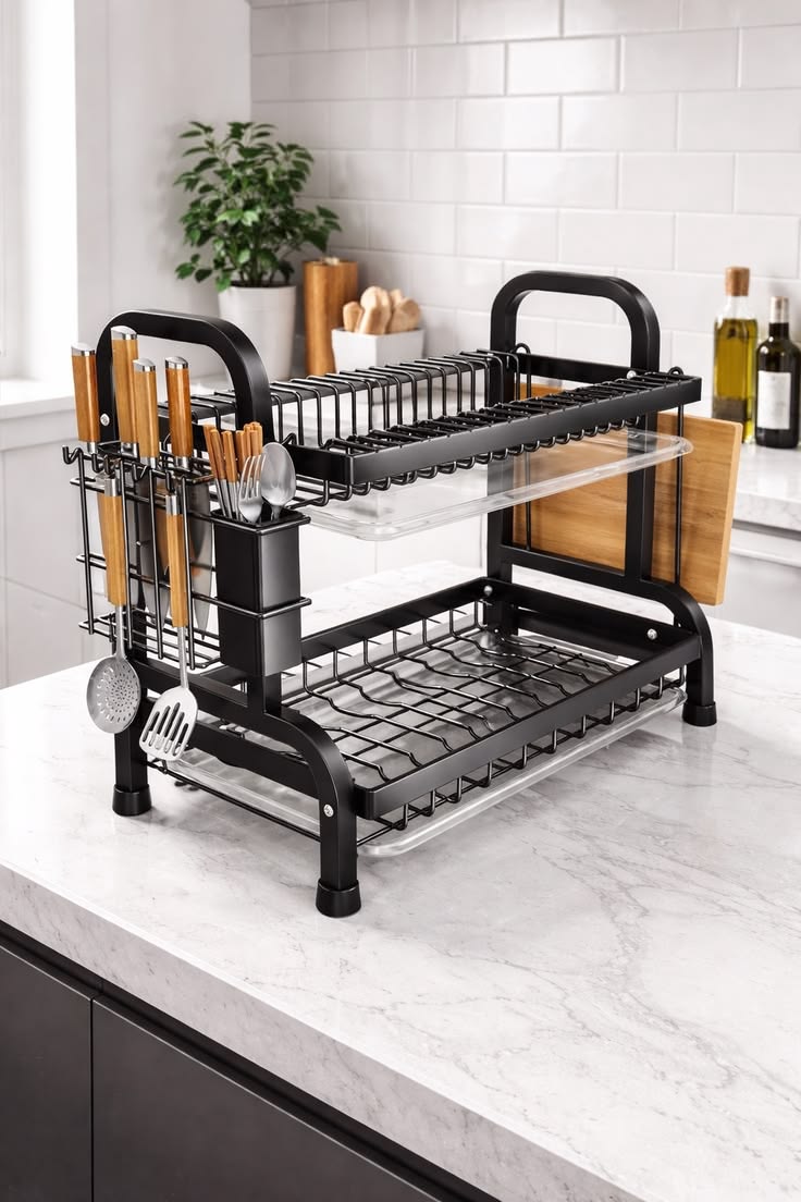 Large-Capacity Double-Layer Kitchen Storage Rack with Drainage, Lockable Metal Tableware Stand for Bowls, Kitchen Organizers