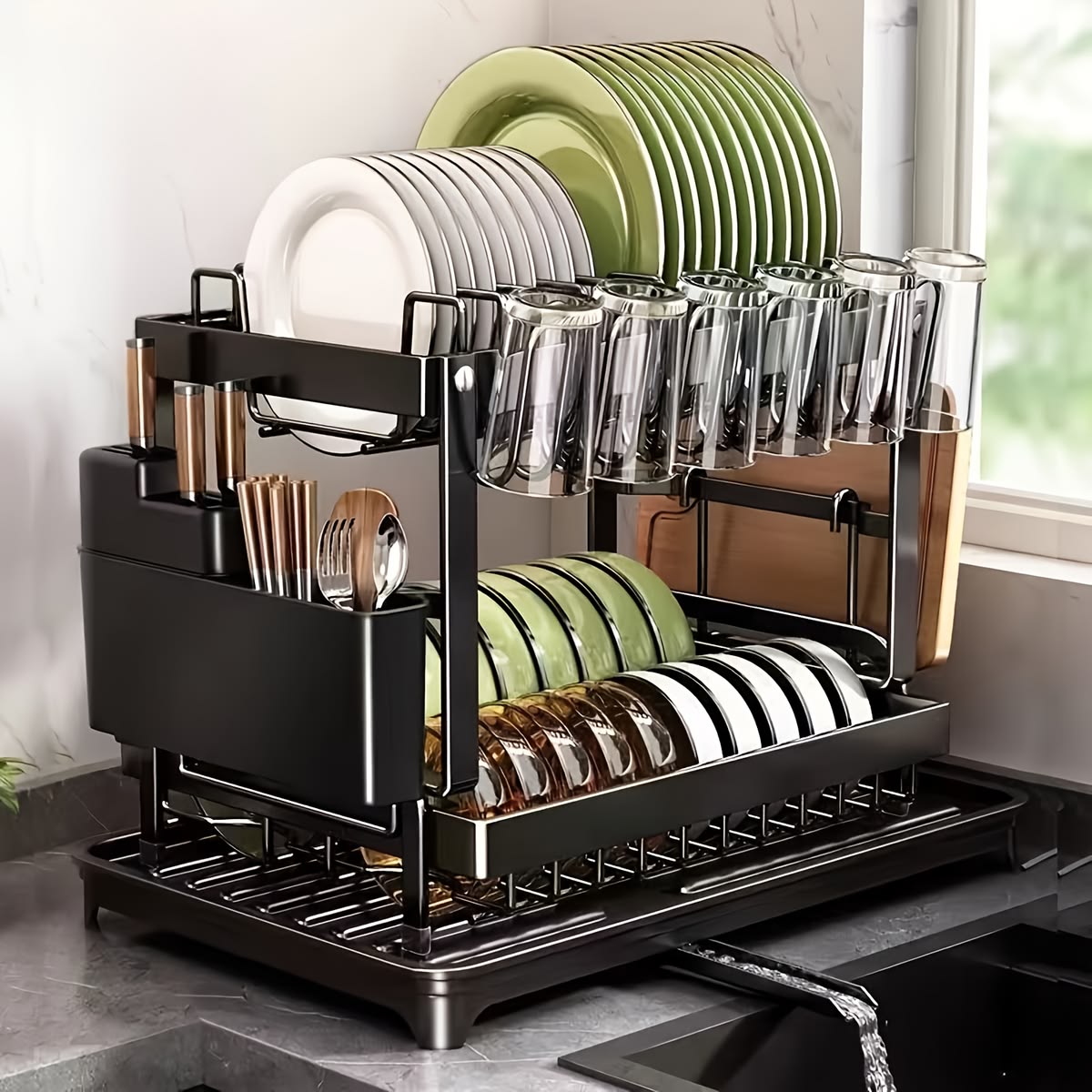 Large-Capacity Double-Layer Kitchen Storage Rack with Drainage, Lockable Metal Tableware Stand for Bowls, Kitchen Organizers