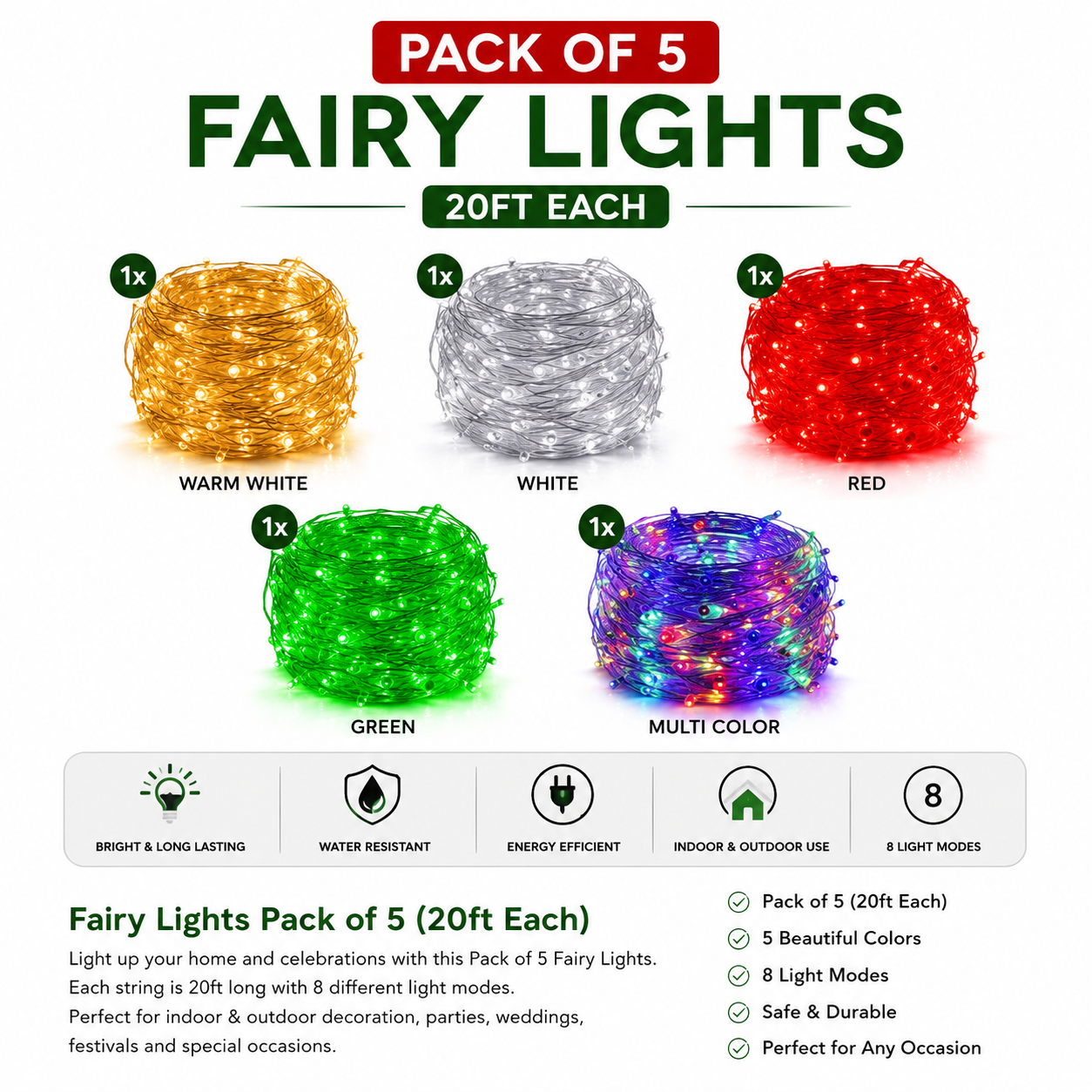 Fairy Lights Pack of 5 – 20FT Each | 5 Beautiful Colors