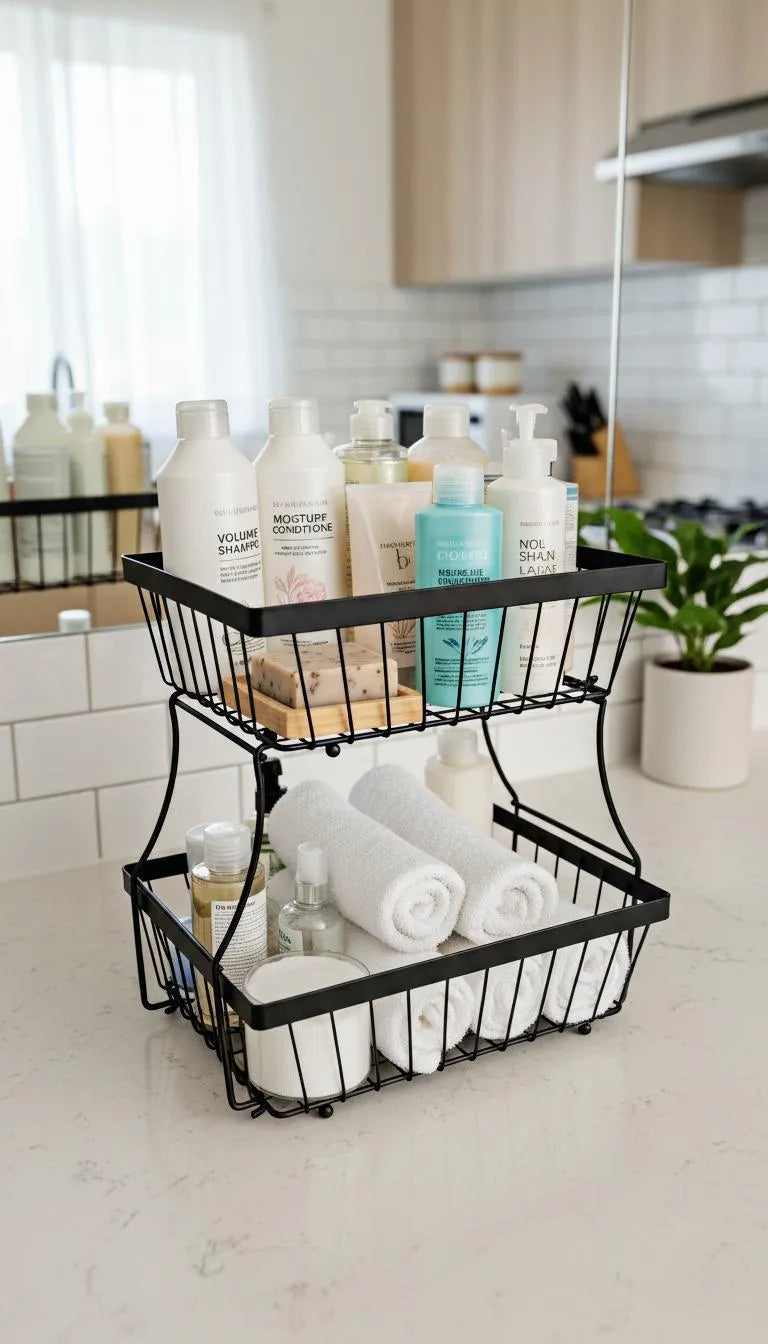 2-Tier Black Stainless Steel Fruit Basket Organizer for Kitchen Countertop | Detachable Storage Rack