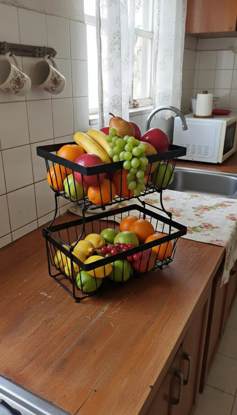 2-Tier Black Stainless Steel Fruit Basket Organizer for Kitchen Countertop | Detachable Storage Rack