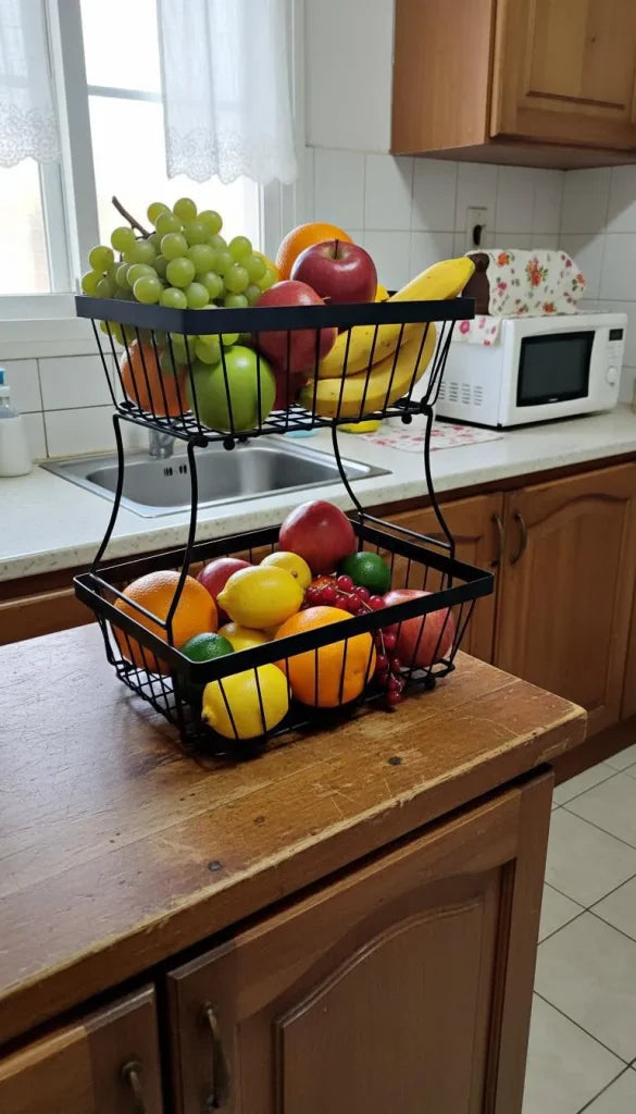 2-Tier Black Stainless Steel Fruit Basket Organizer for Kitchen Countertop | Detachable Storage Rack
