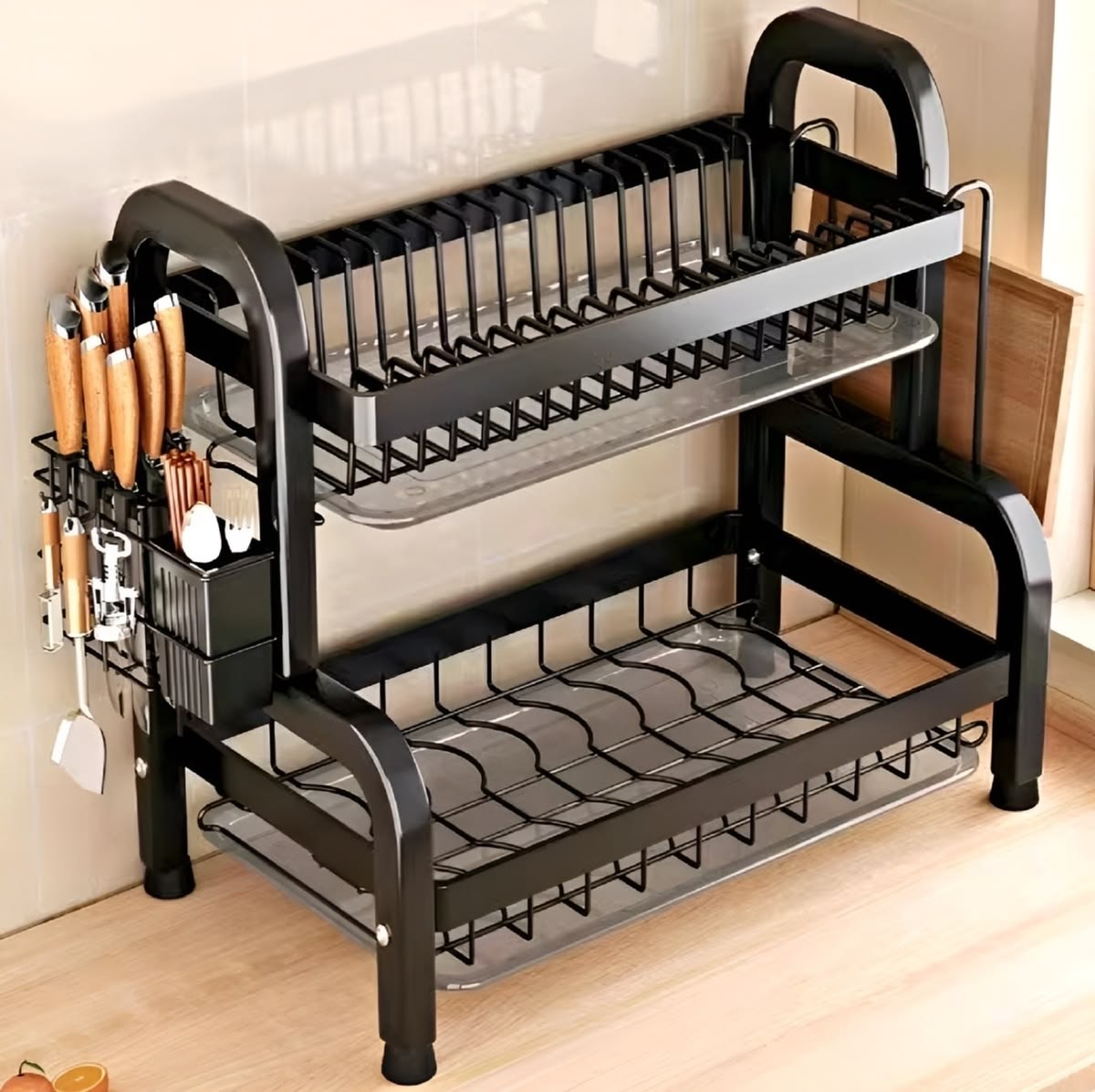 Large-Capacity Double-Layer Kitchen Storage Rack with Drainage, Lockable Metal Tableware Stand for Bowls, Kitchen Organizers