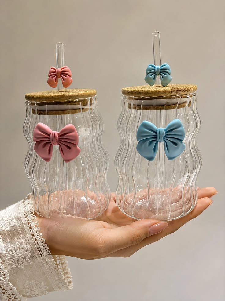 Cute Bow Glass Cups with Straws 🎀🩵🩷 | Coquette Drinkware Aesthetic