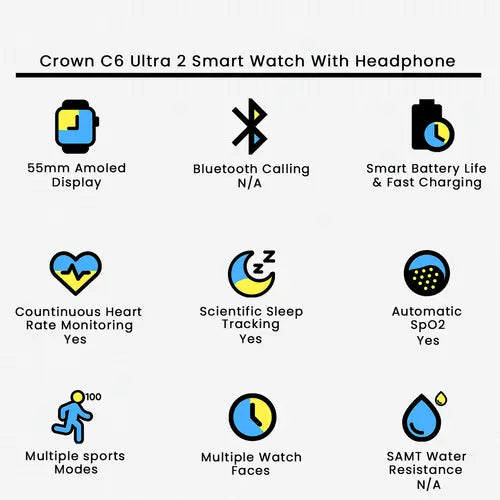 Crown C6 Ultra 2 Smart Watch With Headphone