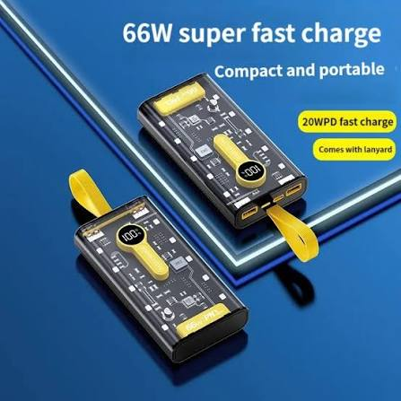 20000mAh Power Bank – 66W PD 20W Fast Charging with Built-in Cables & Emergency Light